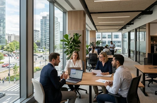 DriveWise lending specialist reviewing a car loan application with a client in a bright modern office